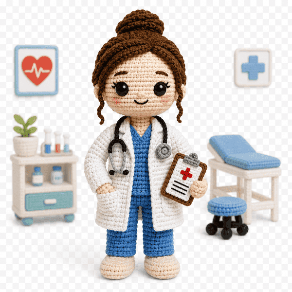 Beyaz önlüklü ve stetoskoplu kadın örgü doktor bebek oyuncak