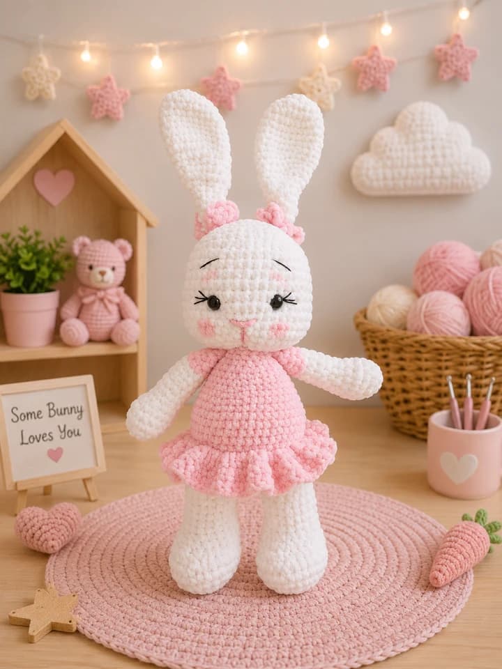 Pembe elbiseli beyaz örgü tavşan oyuncak