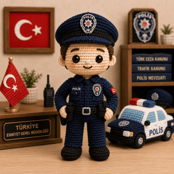 Lacivert üniformalı örgü polis bebek oyuncak