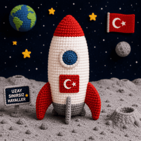 Türk bayraklı kırmızı beyaz örgü uzay roketi oyuncak